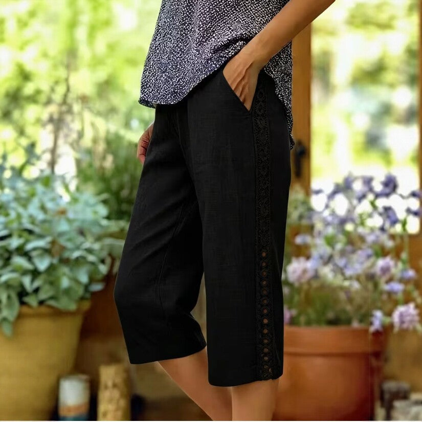 Lace Trim Linen Look Capri Pants Wide Leg Pocket