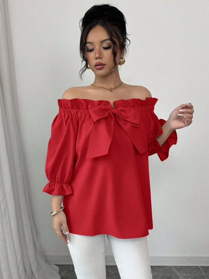Bow Tie Ruffle Neck Blouse Puff Sleeve Dressy Casual Top
