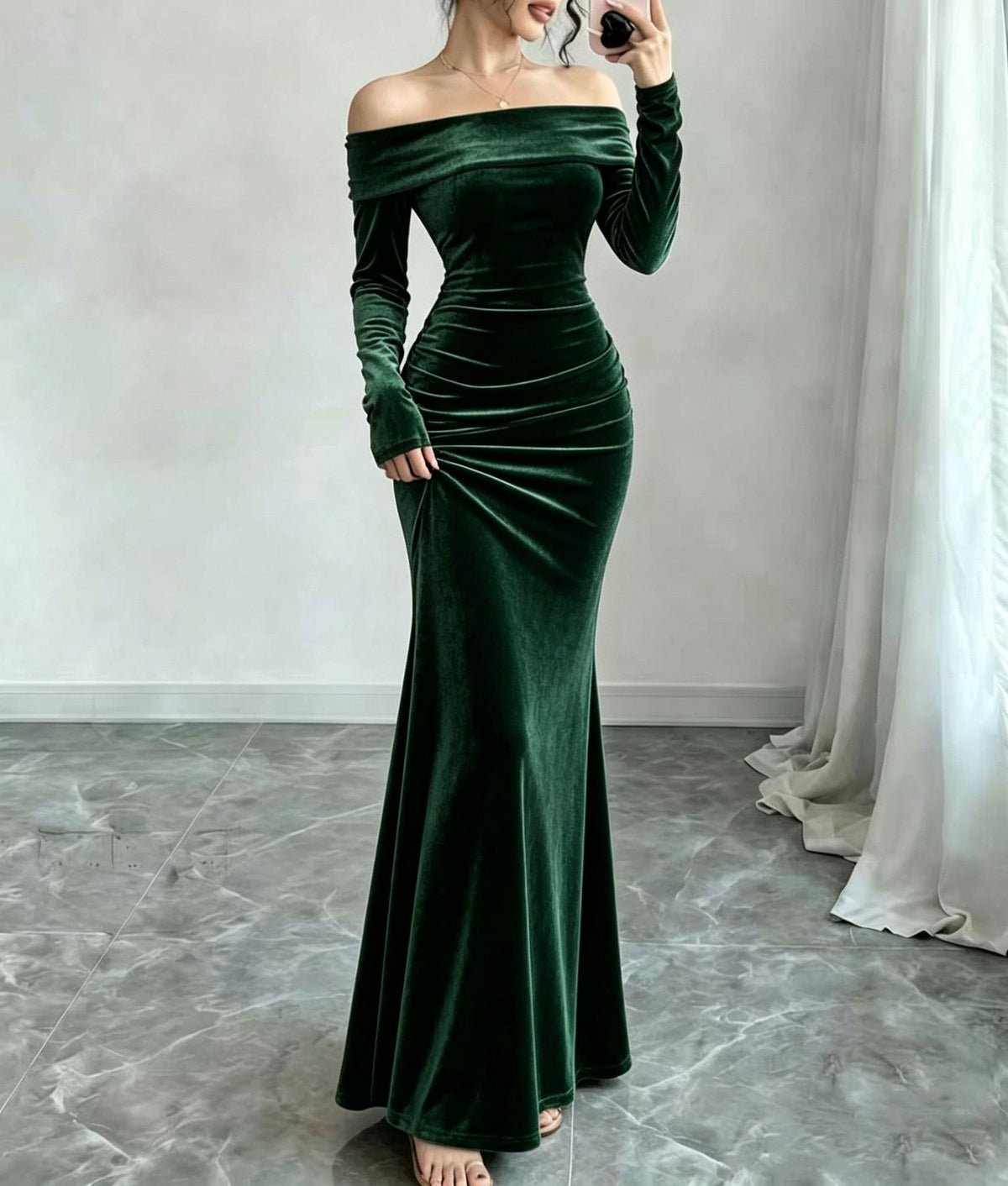 Long Sleeve Velvet Off Shoulder Bodycon Maxi Dress