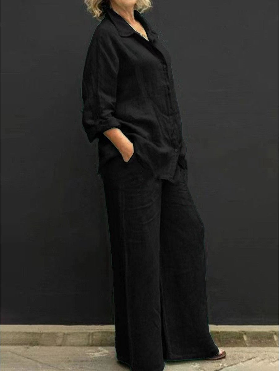 Linen Blend Shirt and Wide Leg Pants Two Piece Set