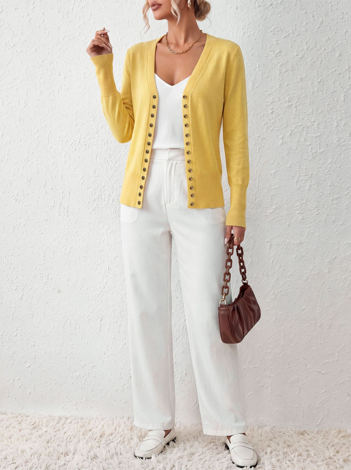 Yellow V-Neck Button Front Long Sleeve Knit Cardigan