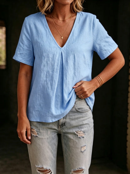 Women's Cotton Linen V-Neck Short Sleeve Casual Summer Top