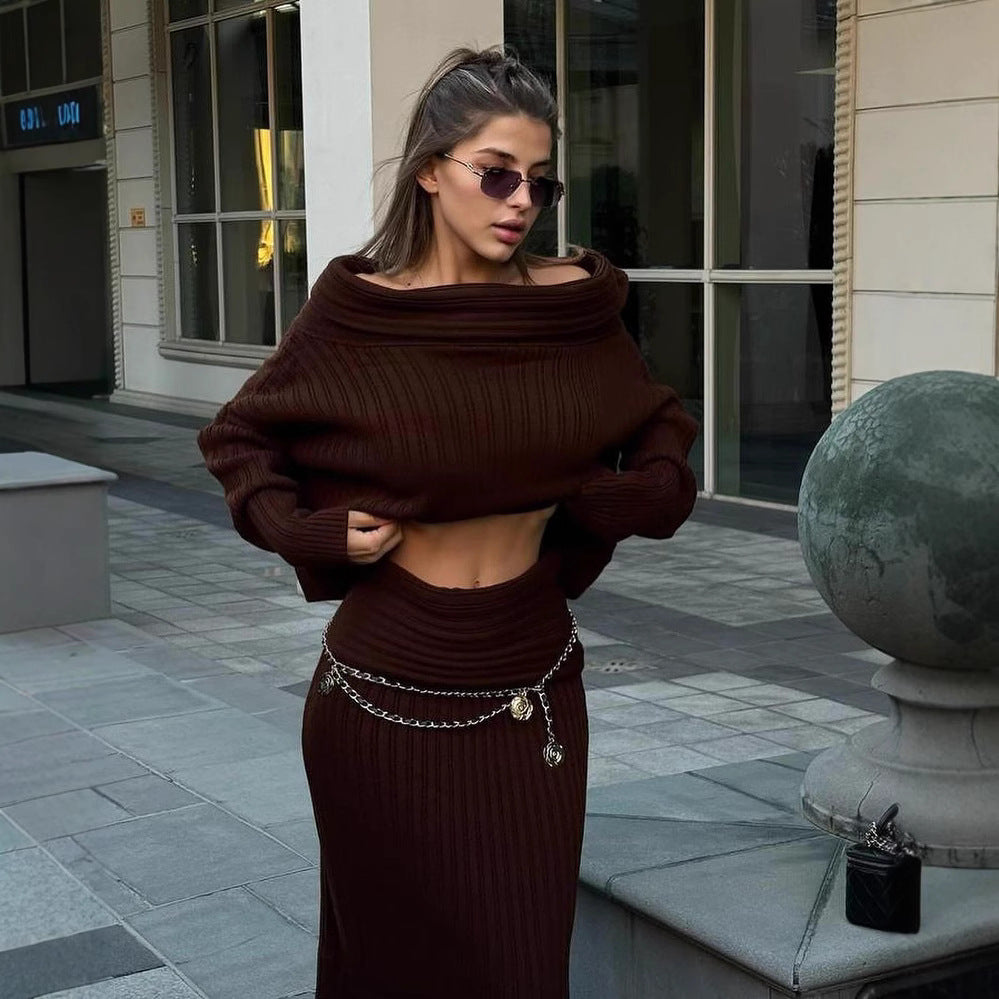 Off Shoulder Knit Sweater & Maxi Skirt Two Piece Set