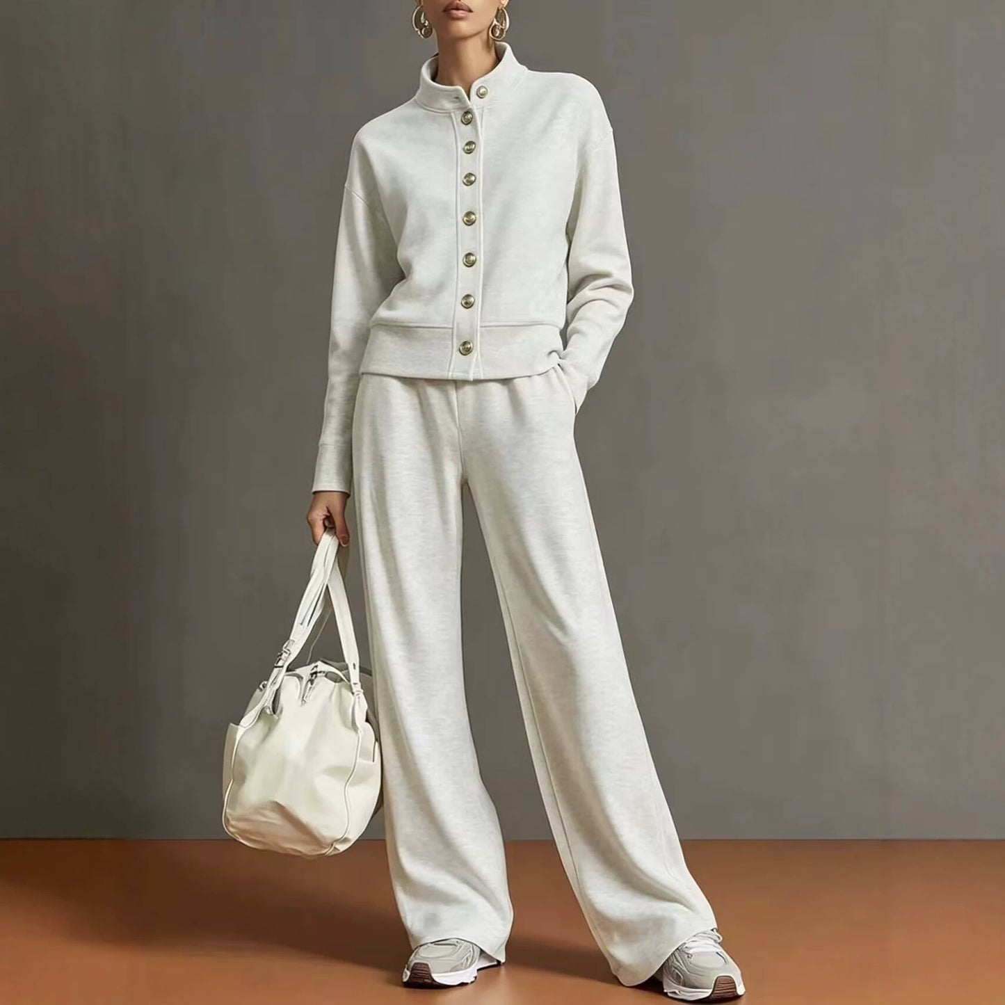 Women's Button Front Sweatshirt Wide Leg Pants Lounge Set