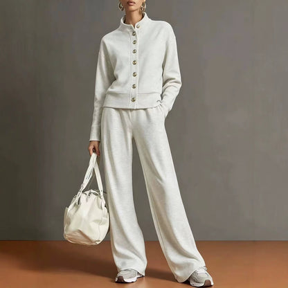 Women's Button Front Sweatshirt Wide Leg Pants Lounge Set