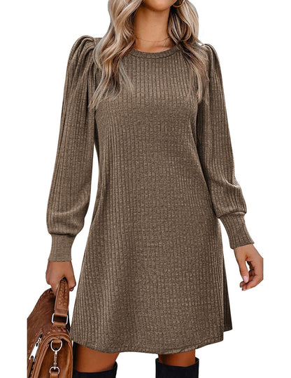 Ribbed Puff Sleeve A-Line Midi Sweater Dress