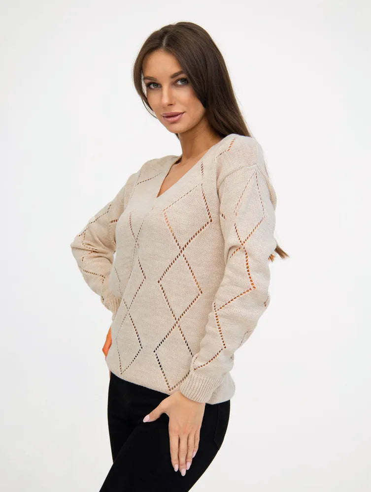 V-Neck Pointelle Sweater Women Oversized Diamond Knit Top