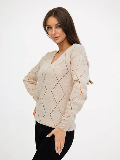 V-Neck Pointelle Sweater Women Oversized Diamond Knit Top