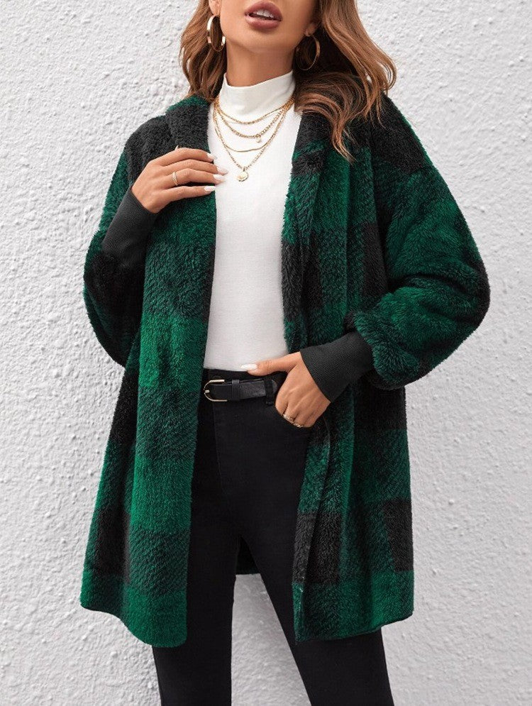 Women's Oversized Plaid Hooded Cardigan Sweater