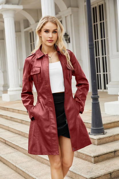 Women's Belted Faux Leather Trench Coat Jacket