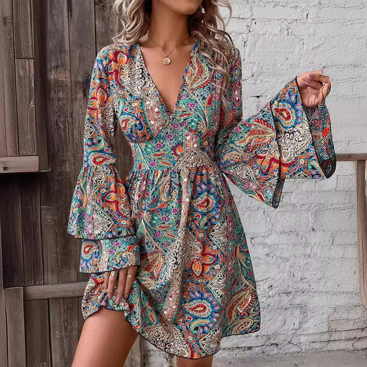 Women's Floral Print V-Neck Flared Sleeve Dress