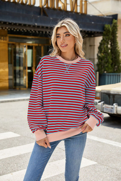 Striped Color Block Crew Neck Loose Fit Long Sleeve Sweatshirt