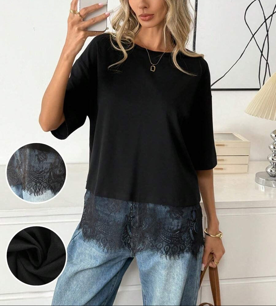 Solid Lace Trim T Shirt Loose Fit Round Neck Top