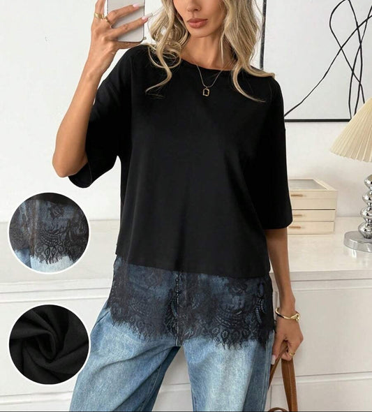 Solid Lace Trim T Shirt Loose Fit Round Neck Top