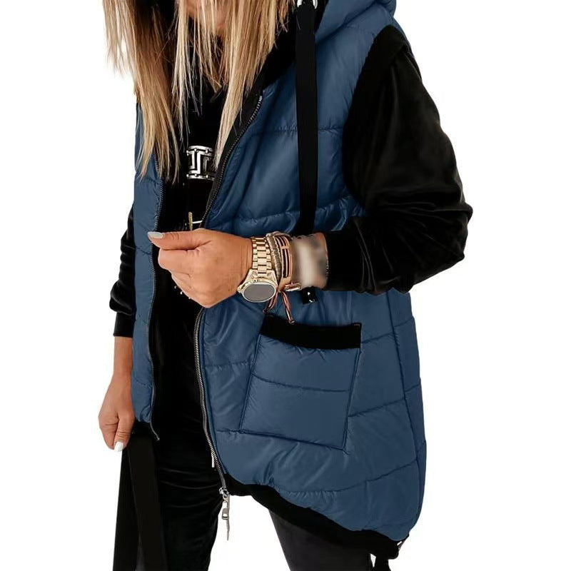 Oversized Hooded Zip-Up Puffer Vest with Pockets