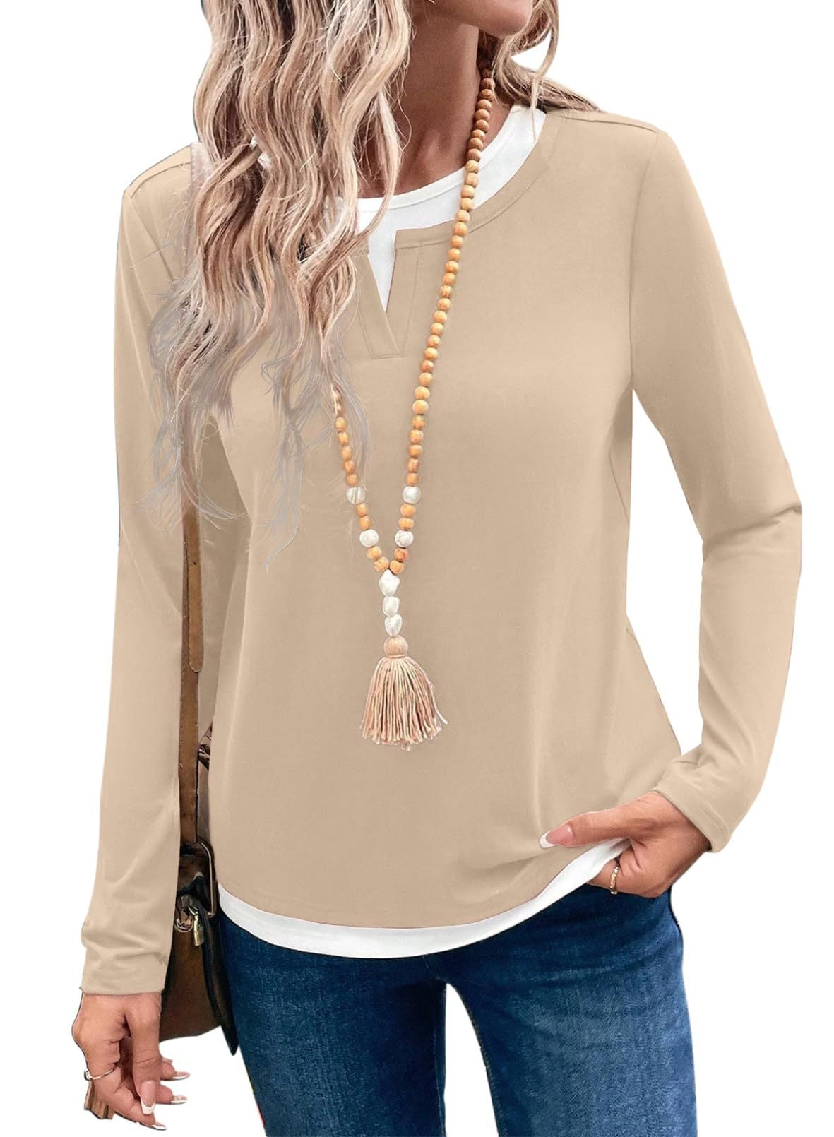 Color block layered look top split neck long sleeve