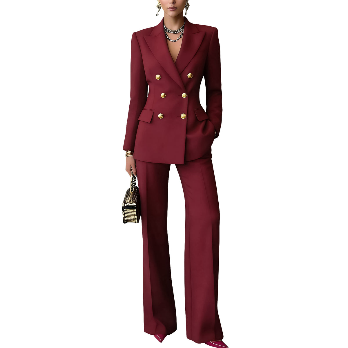 Womens Double Breasted Blazer Wide Leg Pants Set
