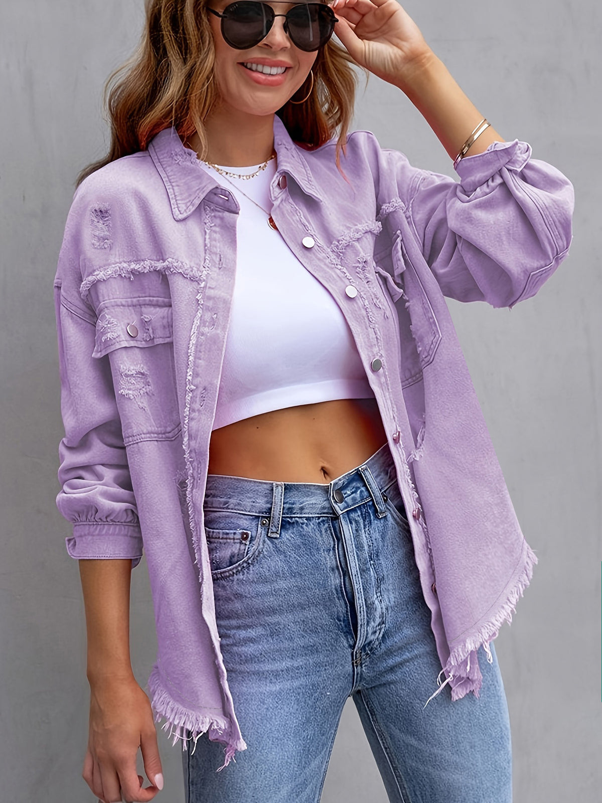 Women's Oversized Denim Jacket Distressed Frayed Hem