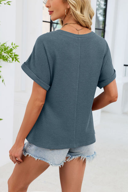 Crochet Lace Yoke Short Sleeve Waffle Knit Casual Top