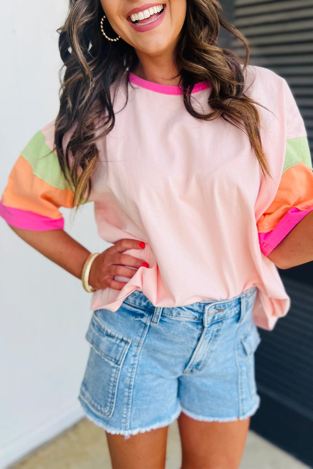 Colorblock Cotton Tee Loose Crew Neck Short Sleeve