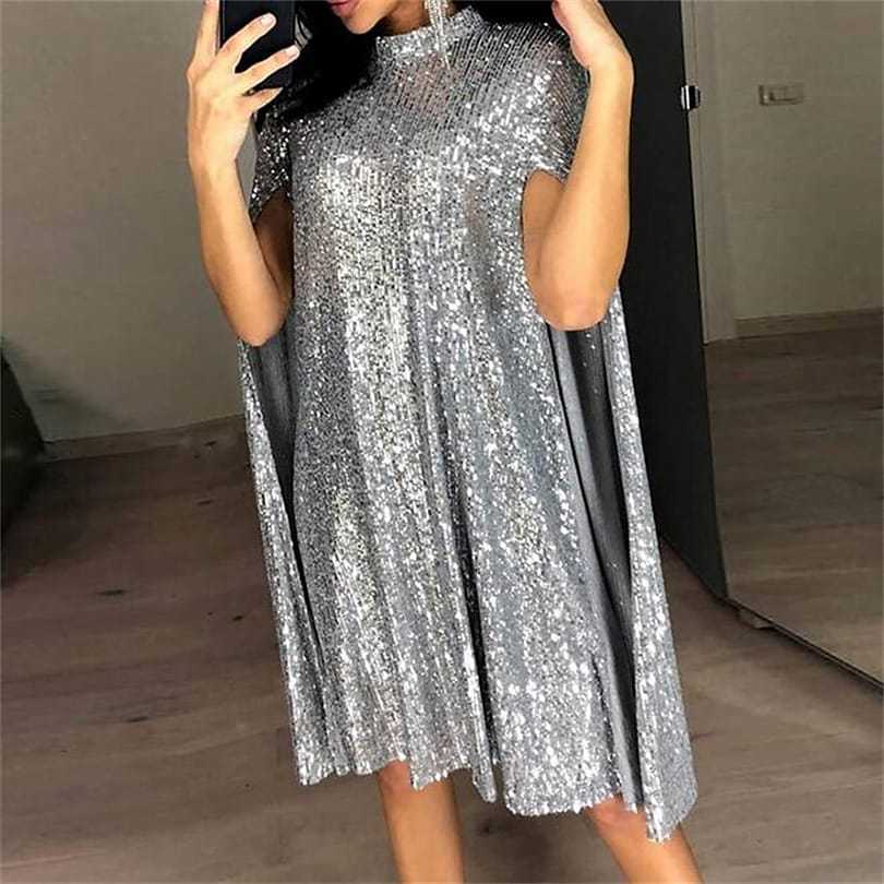 Sequin Cape Mini Dress Mock Neck Glitter Party