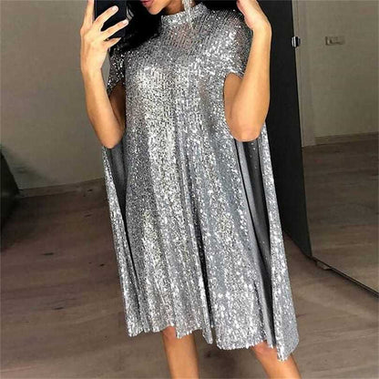 Sequin Cape Mini Dress Mock Neck Glitter Party