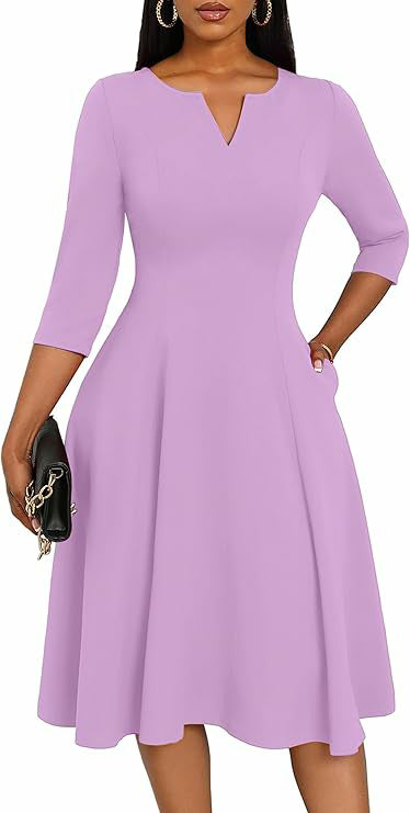 Women's 3/4 Sleeve V-Neck A-Line Midi Dress Wedding Guest