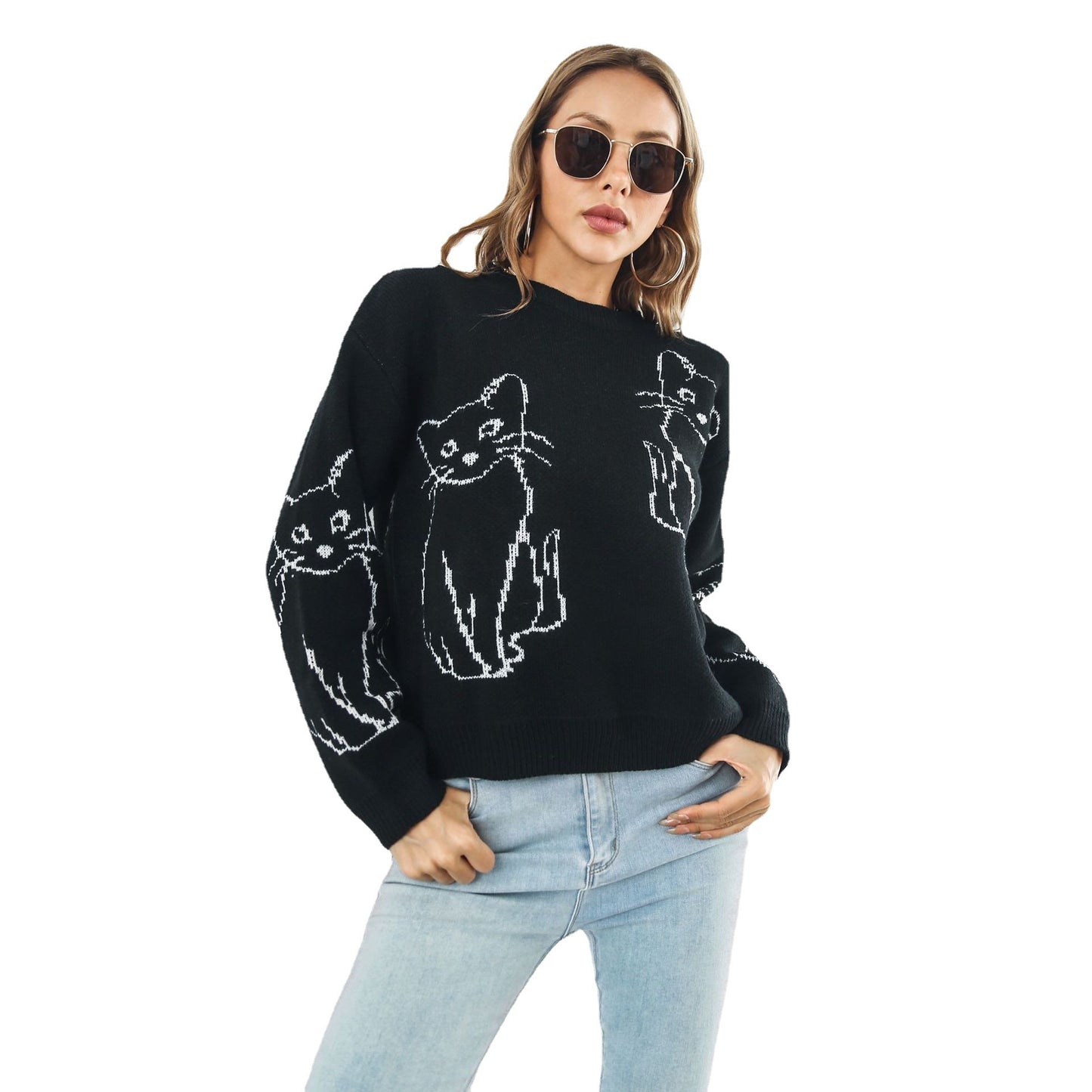 Women's Oversized Cat Graphic Sweater Crewneck Pullover