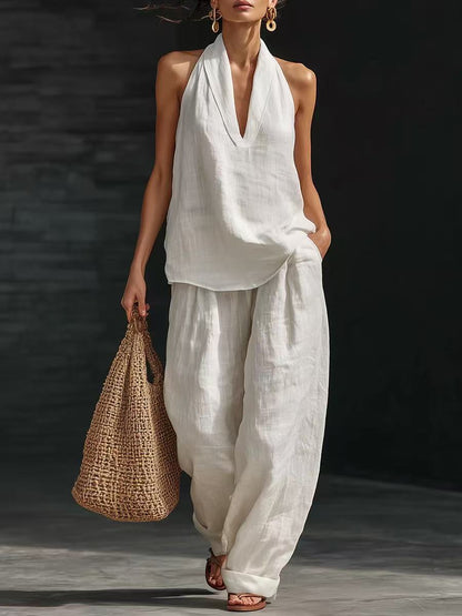 Women's Sleeveless Halter Top Wide Leg Pants Matching Set