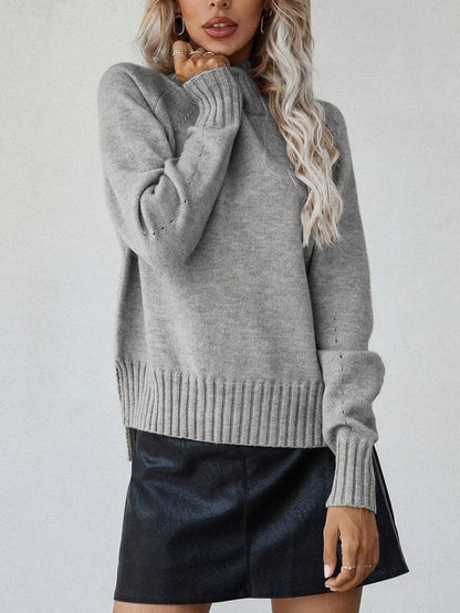 Women's Ribbed Turtleneck Sweater Side Slit Long Sleeve