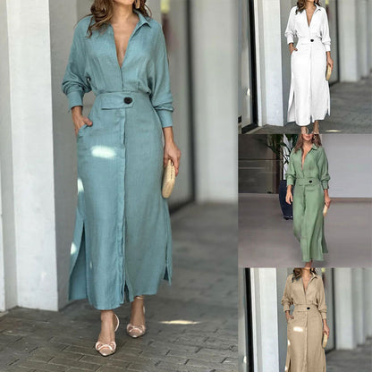 Women's Belted Long Sleeve Maxi Shirt Dress V-Neck