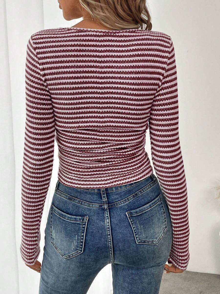 Square Neck Striped Ribbed Knit Long Sleeve Fitted Top