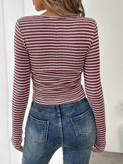 Square Neck Striped Ribbed Knit Long Sleeve Fitted Top