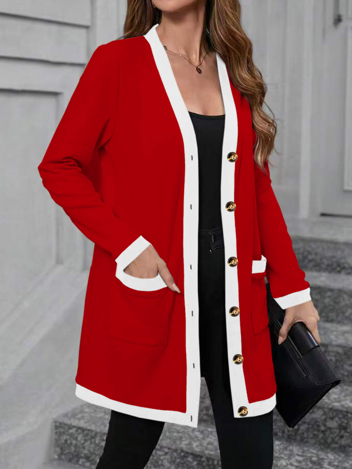 Women's Color Block V-Neck Button Front Long Cardigan