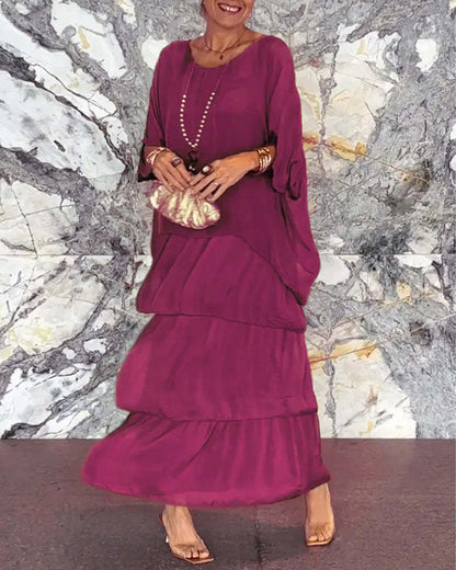 Women's Chiffon Tiered Maxi Dress Batwing Sleeve
