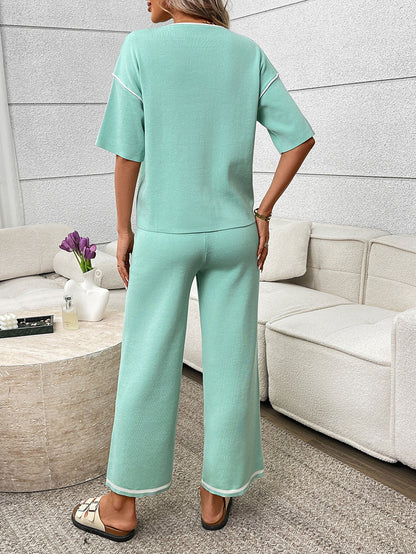 Mint Knit Lounge Set Short Sleeve Top Wide Leg Pants