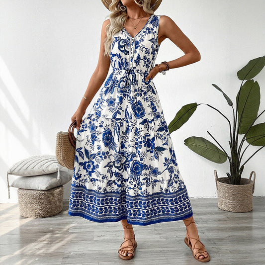 Boho Blue Floral V Neck Sleeveless Maxi Dress