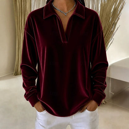Women's Velvet Collared V-Neck Long Sleeve Casual Top
