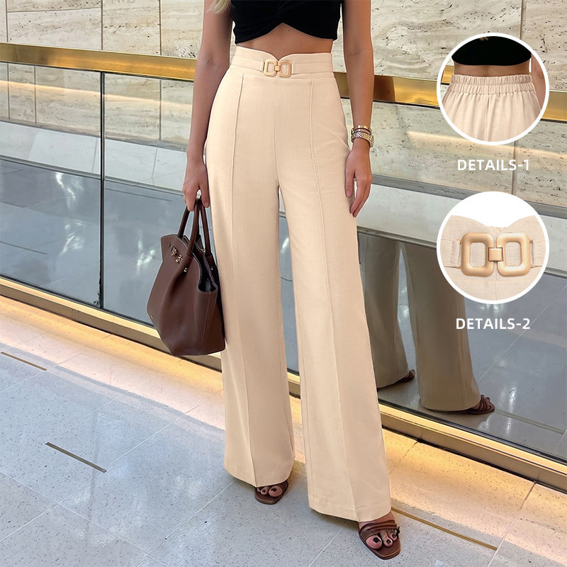 Solid High Waist Wide Leg Pants Buckle Dress Trousers