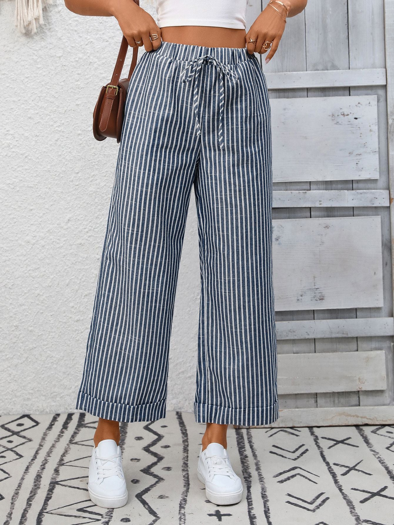 Striped High Waist Drawstring Wide Leg Summer Pants