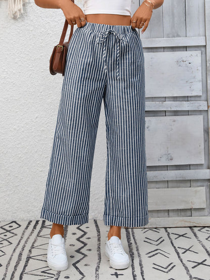 Striped High Waist Drawstring Wide Leg Summer Pants