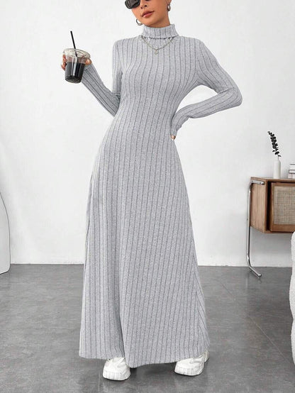 Ribbed Turtleneck Long Sleeve Maxi Sweater Dress