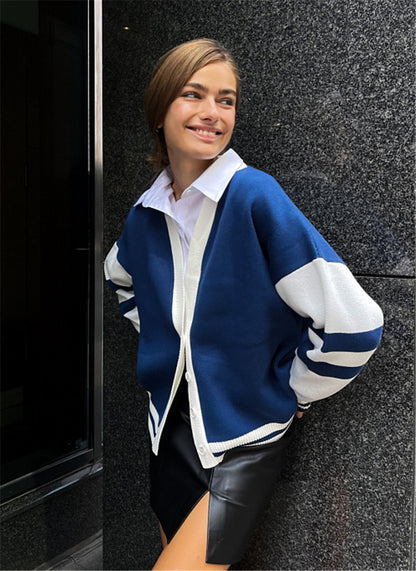 Women's Oversized Color Block V-Neck Cardigan