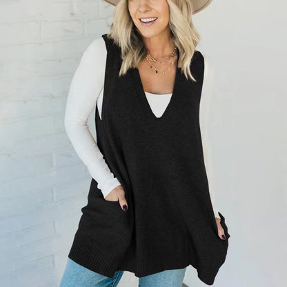 Women's Oversized V-Neck Knit Sweater Vest with Pockets