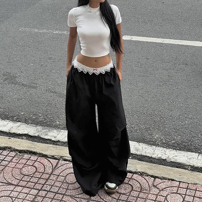 Lace Trim High Waist Baggy Cargo Pants Wide Leg