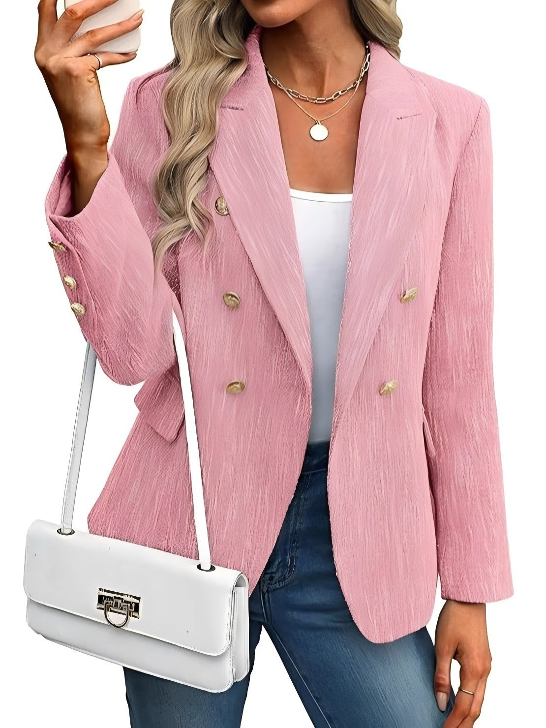 Women's Plaid Double Breasted Blazer Slim Fit Office Jacket