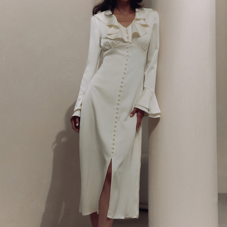 French Ruffle V Neck Button Front Flare Sleeve Midi Dress