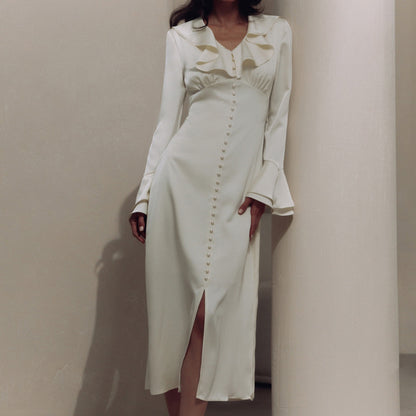 French Ruffle V Neck Button Front Flare Sleeve Midi Dress