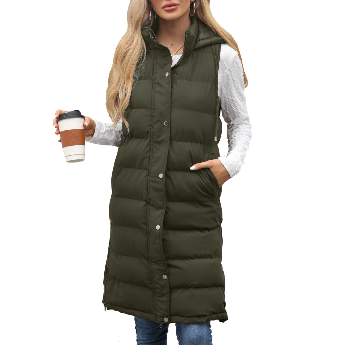 Women's Long Hooded Sleeveless Quilted Puffer Vest
