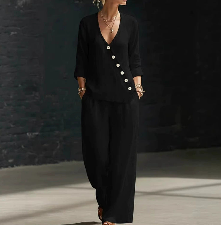 Women Cotton Linen 2 Piece Set V Neck Wide Leg Pants